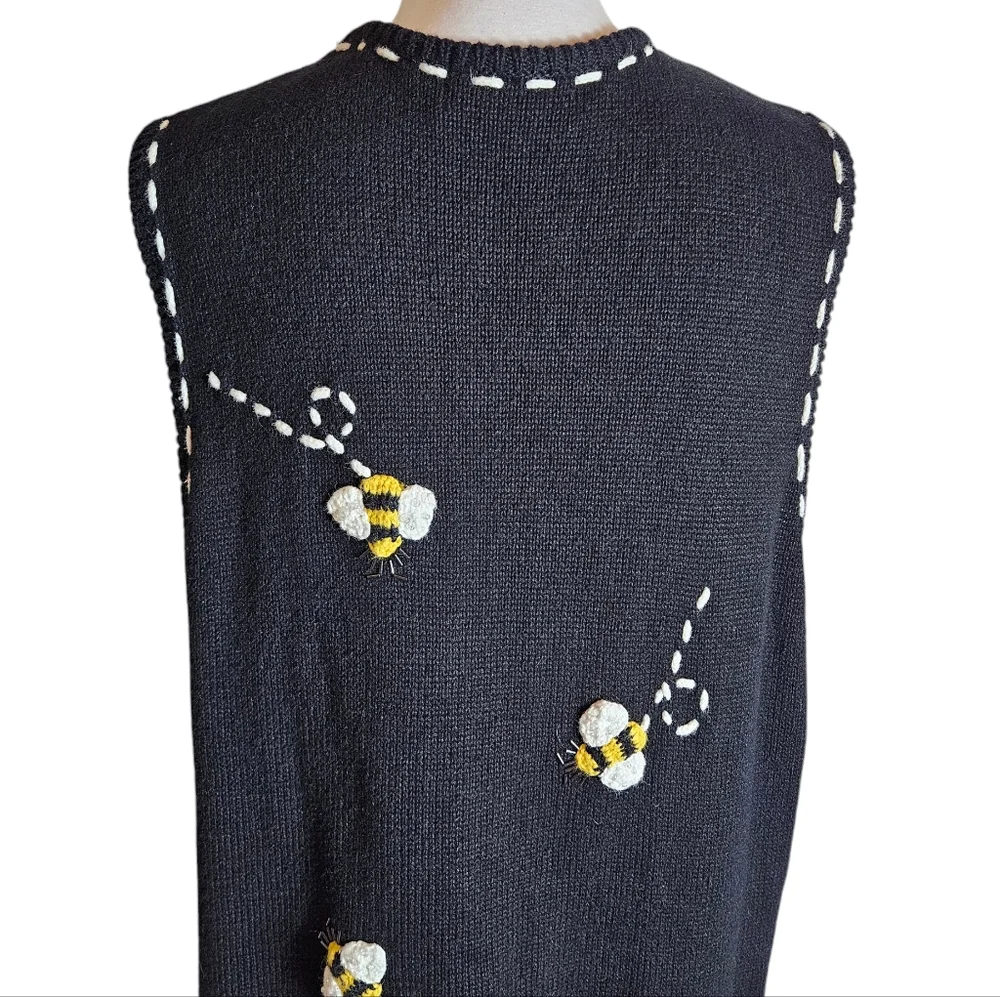 Vintage 90s Bumblebee Daisy Knit Vest Sz XL ? 3D Beaded Boho Grannycore Cottage - Picture 8 of 16